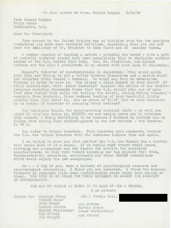 Open letter from Cordye Hall to President Ronald Reagan, June 22, 1982
