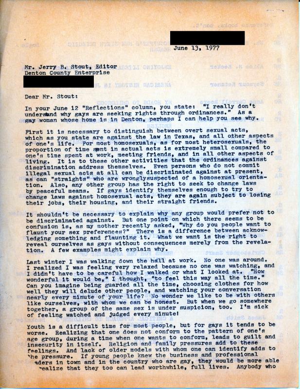 Letter from Edra Bogle to Jerry Stout, June 13, 1977