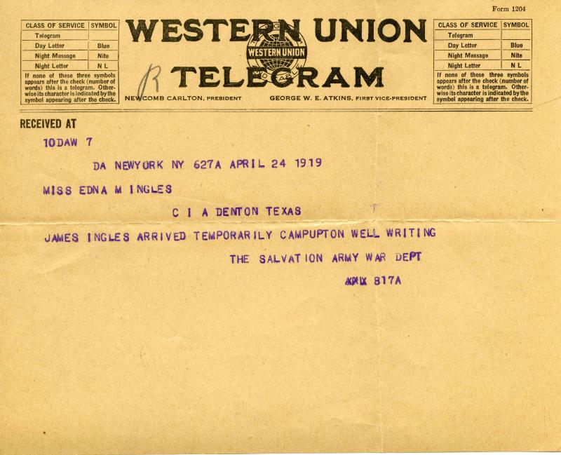 Telegram to Edna Ingels, April 24, 1919