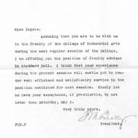 Letter  from president of CIA, F. M. Bralley to Edna Ingels, April 30, 1919.