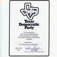 Texas Democratic Party Sustaining Member Certificate for Edra Bogle from Bob Slagle, May 15, 1982