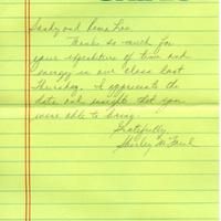 Thank you letter to Rema Lou Brown and Sandy 