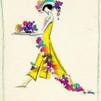 Fruit. Watercolor fashion drawing for faculty stunt performance, ca. 1920s.